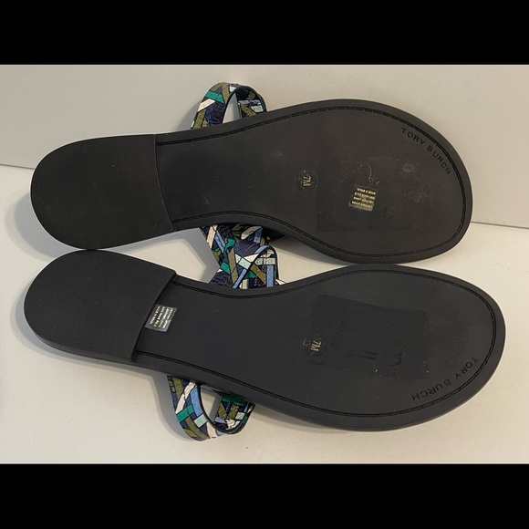 Tory Burch Millers Sandals Navy Basket -Weave Logo Green  7 🩴💚🤍 - Picture 11 of 12